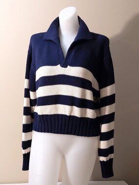 Ciao Lucia Venezia Navy and Ivory Striped Cotton Polo Sweater Size: S